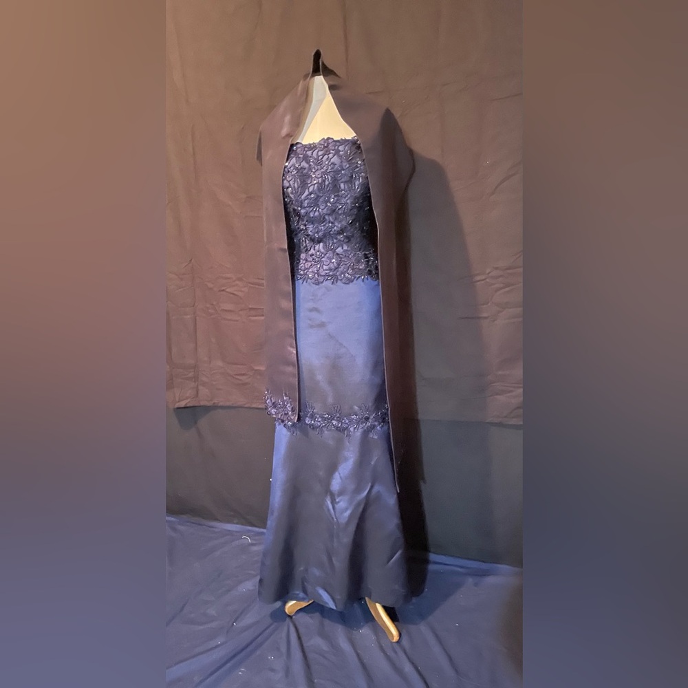 Helen Morley, Navy Blue Strapless Evening Gown Dress 12 Shawl NWOT